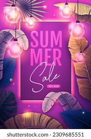 Summer big sale poster with tropic leaves and string of lights. Summer tropic leaves background. Vector illustration