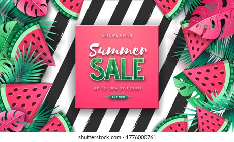 Summer big sale poster with watermelon and tropic leaves on striped background. Summertime background. Vector illustration