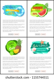 Summer big sale posters with summertime icons inflatable lifebuoy, watermelon and pineapple fruits, marine seashells and starfish vector web banners