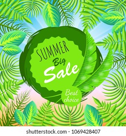 Summer big sale round emblem with palm leaves. Total price reduction logotype with floral decor. Seasonal sale sticker on blue sky background vector