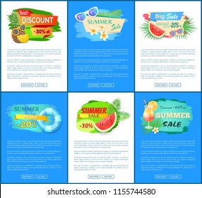 Summer big sale summertime banners set vector. Seasonal proposition and reduction of price. Lifebuoy and cocktails, fruits watermelon and pineapple