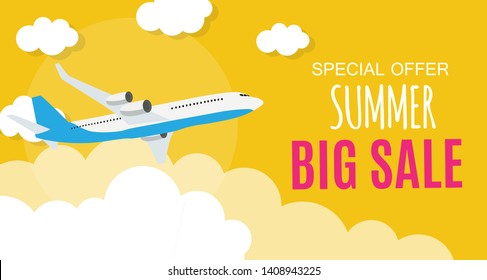 Summer Big Sale Template Background with Airplane. Vector Illustration EPS10