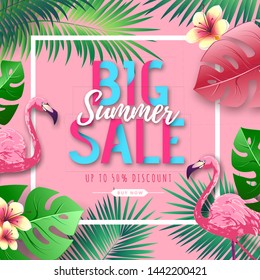 Summer big sale typography poster with flamingo and tropic leaves. Nature concept