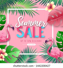 Summer big sale typography poster with flamingo and tropic leaves. Nature concept