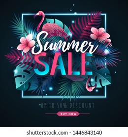 Summer big sale typography poster with flamingo and fluorescent tropic leaves. Nature concept