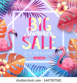 Summer big sale typography poster with flamingo and fluorescent tropic leaves. Nature concept