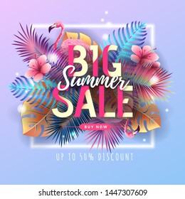 Summer big sale typography poster with flamingo and fluorescent tropic leaves. Nature concept