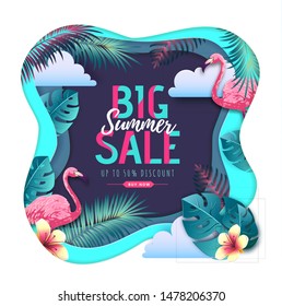 Summer big sale typography poster with flamingo and tropic leaves. Nature concept. Cut out paper art style design