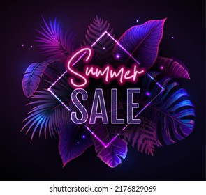 Summer big sale typography poster with fluorescent tropic leaves. Nature concept. Summer background. Vector illustration