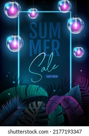 Summer big sale typography poster with electric modern lamps and fluorescent tropic leaves. Nature concept. Summer background. Vector illustration