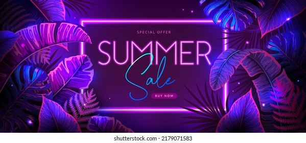 Summer big sale typography poster with fluorescent tropic leaves. Nature concept. Summer background. Vector illustration