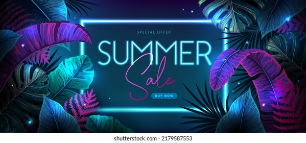 Summer big sale typography poster with fluorescent tropic leaves. Nature concept. Summer background. Vector illustration