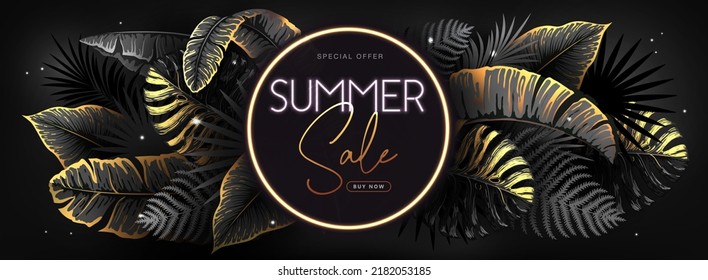 Summer big sale typography poster with black and gold tropic leaves. Nature concept. Summer background. Vector illustration