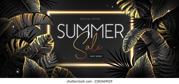 Summer big sale typography poster with black and gold tropic leaves. Nature concept. Summer background. Vector illustration