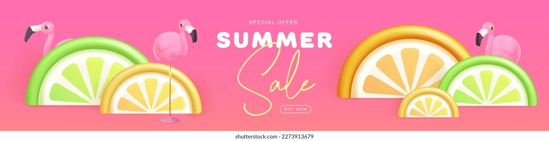 Summer big sale typography poster with 3d plastic flamingo and tropic fruits. Summer background. Vector illustration.