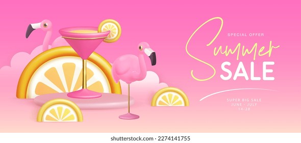 Summer big sale typography poster with 3d plastic flamingo, tropic fruits and cosmopolitan cocktail. Summer background. Vector illustration.