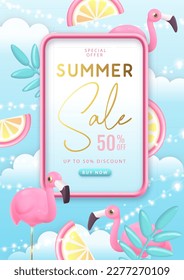 Summer big sale typography poster with tropic fruits, flamingo and tropic leaves. Summer background. Vector illustration.