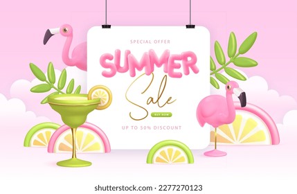 Summer big sale typography poster with 3d plastic text, flamingo and cocktail. Summer background. Vector illustration.