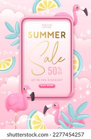 Summer big sale typography poster with tropic fruits, flamingo and tropic leaves. Summer background. Vector illustration.