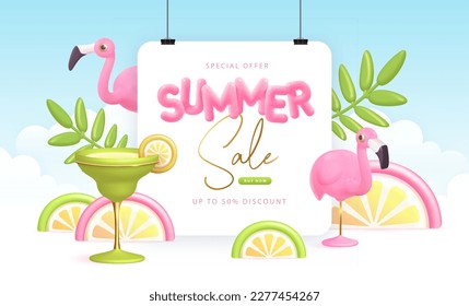 Summer big sale typography poster with 3d plastic text, flamingo and cocktail. Summer background. Vector illustration.