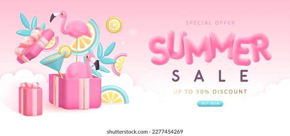 Summer big sale typography poster with 3d plastic text, flamingo and gift box. Summer background. Vector illustration.