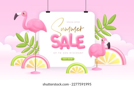 Summer big sale typography poster with 3d plastic text, flamingo and tropic leaves. Summer background. Vector illustration.