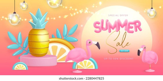 Summer big sale typography poster with 3d plastic text, flamingo and pineapple. Summer background. Vector illustration