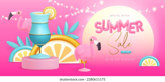 Summer big sale typography poster with 3d plastic text, flamingo and blue lagoon cocktail. Summer background. Vector illustration