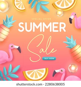 Summer big sale typography poster with 3d plastic flamingo, tropic fruits and pineapple. Summer background. Vector illustration