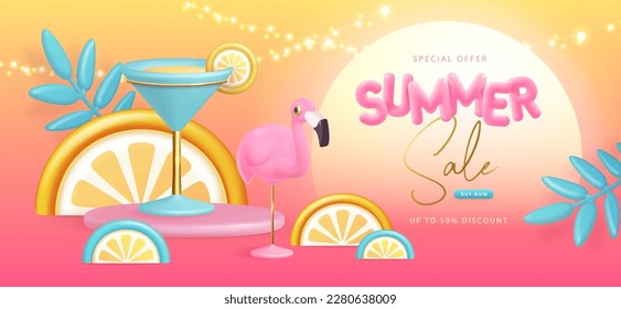 Summer big sale typography poster with 3d plastic text, flamingo and cosmopolitan cocktail. Summer background. Vector illustration