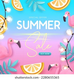 Summer big sale typography poster with 3d plastic flamingo, tropic fruits and tropic leaves. Summer background. Vector illustration.