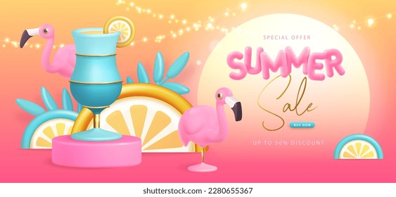 Summer big sale typography poster with 3d plastic text, flamingo and blue lagoon cocktail. Summer background. Vector illustration