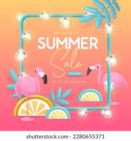 Summer big sale typography poster with 3d plastic flamingo, tropic fruits and tropic leaves. Summer background. Vector illustration.