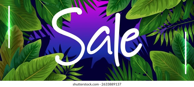 Summer big sale typography poster with tropic leaves and neon light. Nature concept. Summer background. Vector illustration