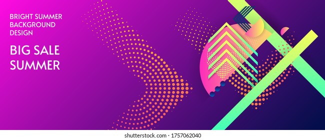Summer Big Sale vector banner design concept with geometric lines and dots. Bright neon colors background for text. Vector stock illustration eps 10