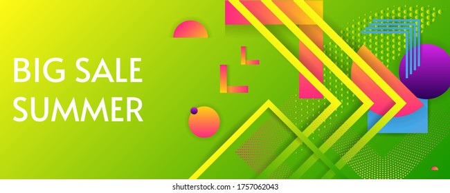 Summer Big Sale vector banner design concept with geometric lines and dots. Bright neon colors background for text. Vector stock illustration eps 10