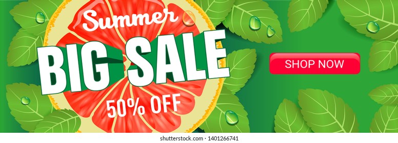 Summer big sale web banner with grapefruit and mint. Vector elements for discount flyer, promotion stickers,web banner and poster design.