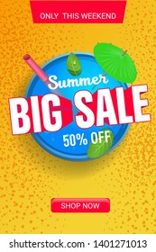 Summer big sale web banner with realistic beach cocktail. Vector elements for discount flyer, promotion stickers,web banner and poster design.