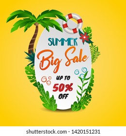 Summer big sale with white surf board sign and floral decoration onyellow background
