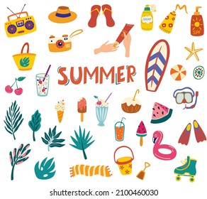 Summer Big set with fruits, drinks, pool floats, ice cream, cocktails, palm leaves.Items for summer holidays and travel. Isolated objects on white background. Hand drawn vector illustration.