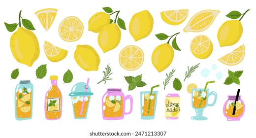 Conjunto grande de verano con limones, limonada, menta, romero y cubo de hielo. Limonada en diferentes recipientes de vidrio. Refrescos de verano