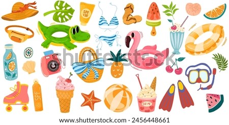 Summer big set for sticker. Icons, signs, banners. Bright summertime poster. Collection elements for summer holiday.