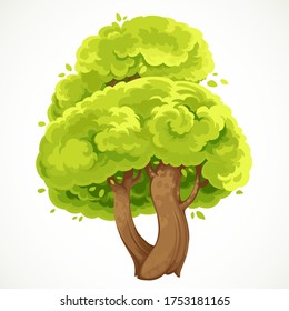 Summer big tree with a fork and green foliage vector drawing isolated on white background