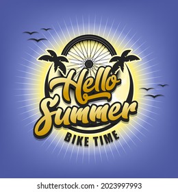 Summer bike logo. Hello summer. Bike time. Pattern for design poster, logo, emblem, label, banner, icon. Bike template on isolated background. Vector illustration