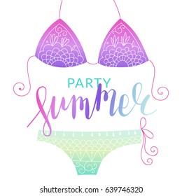 Summer bikini flyer with lettering. Can be used as card, invitation or poster