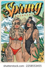 Niñas bikini de verano afichan coloridas tatuadas bonitas mujeres son invitadas a la playa sur para una fiesta caliente o surf ilustración vectorial