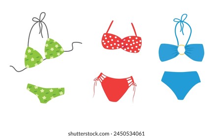 Bikini de verano con sujetador de cuerda y bragas conjunto de Vector. Traje de baño o traje de baño para mujer. Moderno traje de baño de playa, traje de baño femenino. Ilustración vectorial plana de dibujos animados aislada sobre fondo blanco