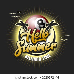 Summer billiard logo. Hello summer. Billiard time. Pattern for design poster, logo, emblem, label, banner, icon. Billiard template on isolated background. Vector illustration