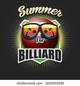 Summer billiard logo. Summer for billiard. Pattern for design poster, logo, emblem, label, banner, icon. Billiard template on isolated background. Vector illustration
