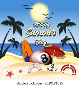 Summer billiard poster. Happy summer day. Pattern for design poster, logo, emblem, label, banner, icon. Billiard template on isolated background. Vector illustration
